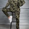 Kadın Uzun Kollu Kapşonlu Kamuflaj Desenli Bluz Ve Pantolon Tayt Ikili Takım