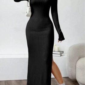 Kadın Trend U Yaka Yırtmaçlı Uzun Kol Kalın Fitili Elbise