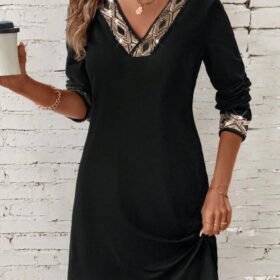 Kadın Uzun Kollu V Yakalı Pulpayet Detaylı Mini Ithal Krep Elbise