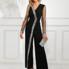 Kadın Uzun V Yakalı önden Pulpayet Detaylı Tüllü Uzun Ithal Krep Tulum