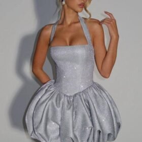 Kadın Halter Yaka Simli Kumaş Sırtı Bağcık Detay Prenses Elbise