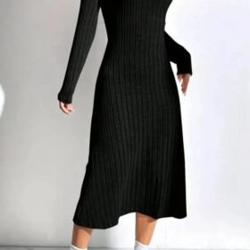 Kadın Kare Yaka Fitilli Kaşkorse Kumaş Midi Boy Elbise