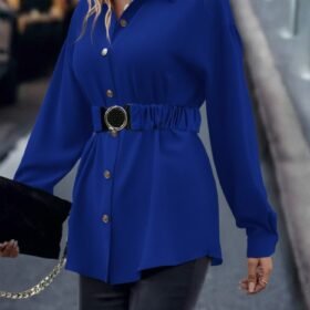 Kadın Uzun Kollu Yakalı önden Düğmeli Belden Kemerli Ithal Krep Bluz