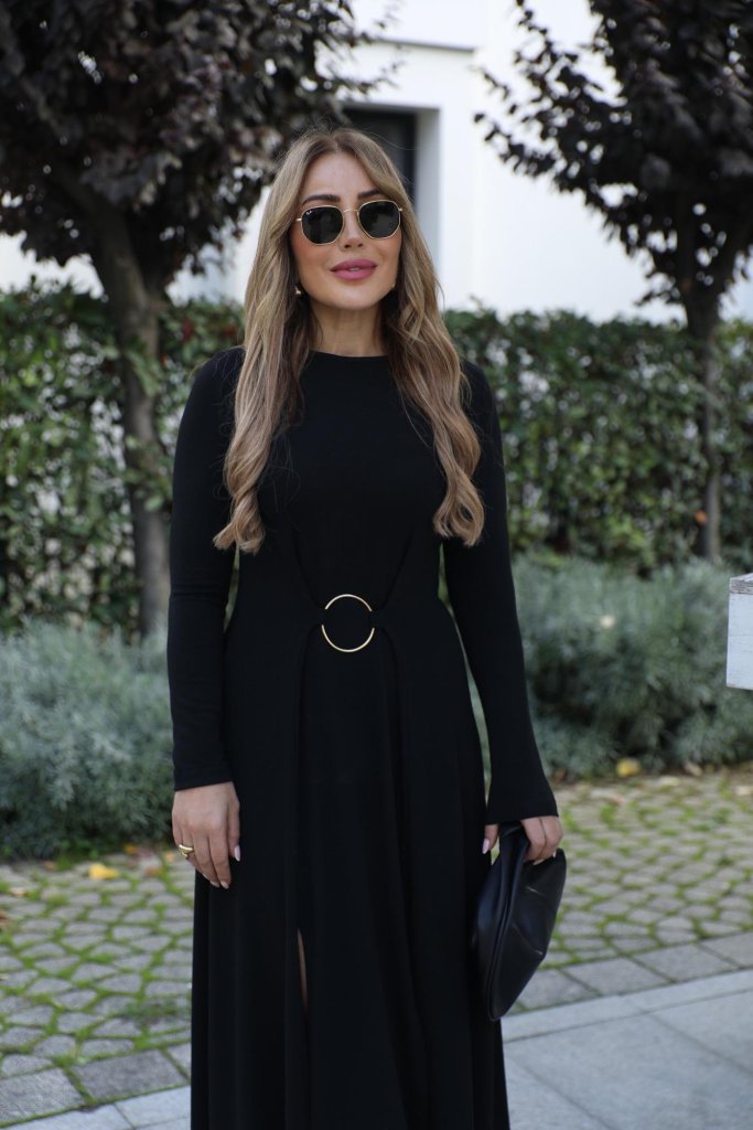 Kadın Uzun Kollu Bisiklet Yaka önden Halka Detaylı Yırtmaçlı Uzun Viskon Iki Iplik Elbise - Görsel 3