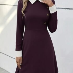 Kadın Uzun Kollu Yakalı Düğmeli Mürdüm Modal Mini Elbise