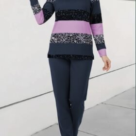 Kadın Uzun Kollu Bisiklet Yaka çizgili Desen Iki Iplik Bluz Ve Pantolon Ikili Takım