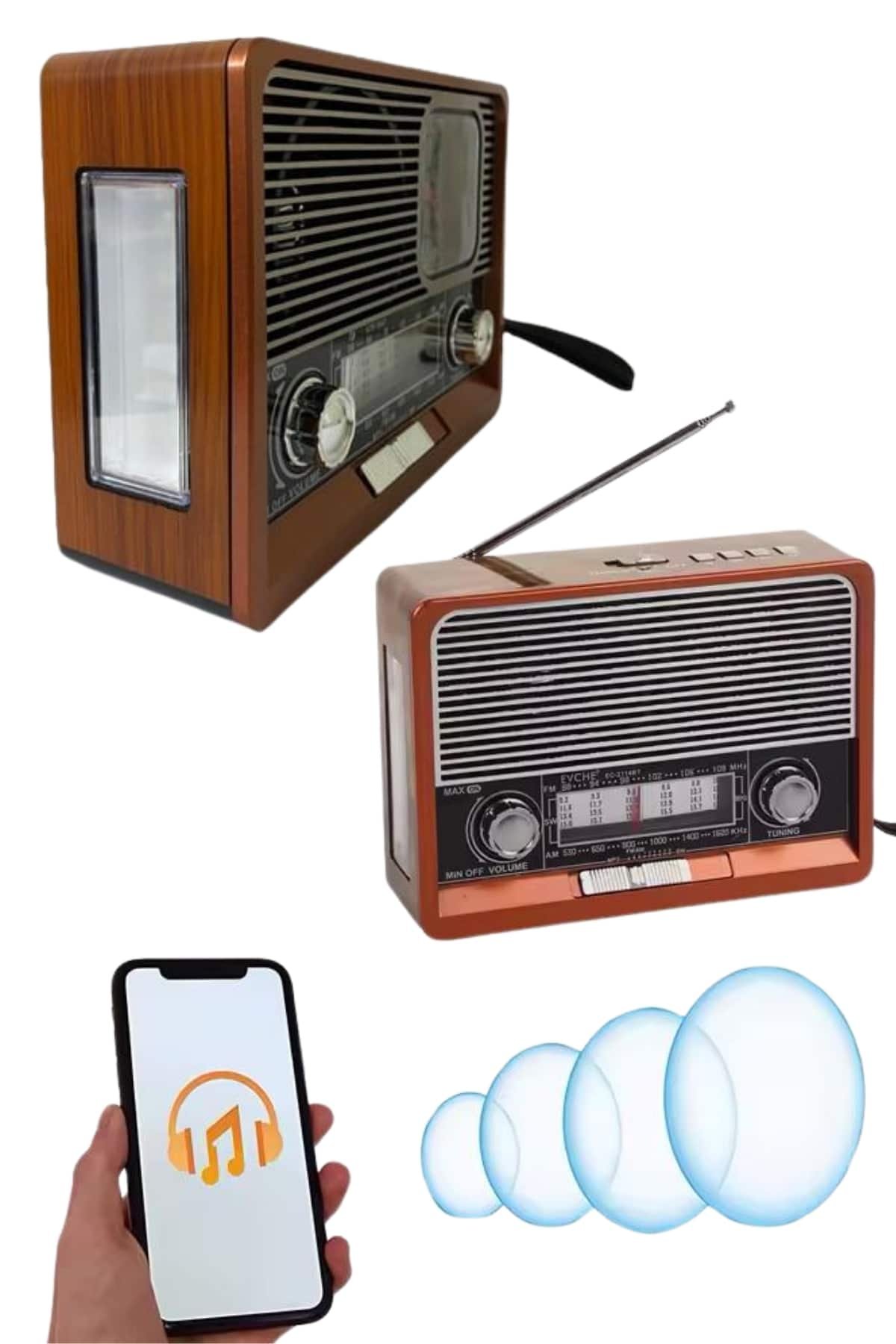 Saatli Fenerli Bluetooth Nostaljik Radyo AUX SD USB Girişli Bluetooth Hoparlör - Görsel 2