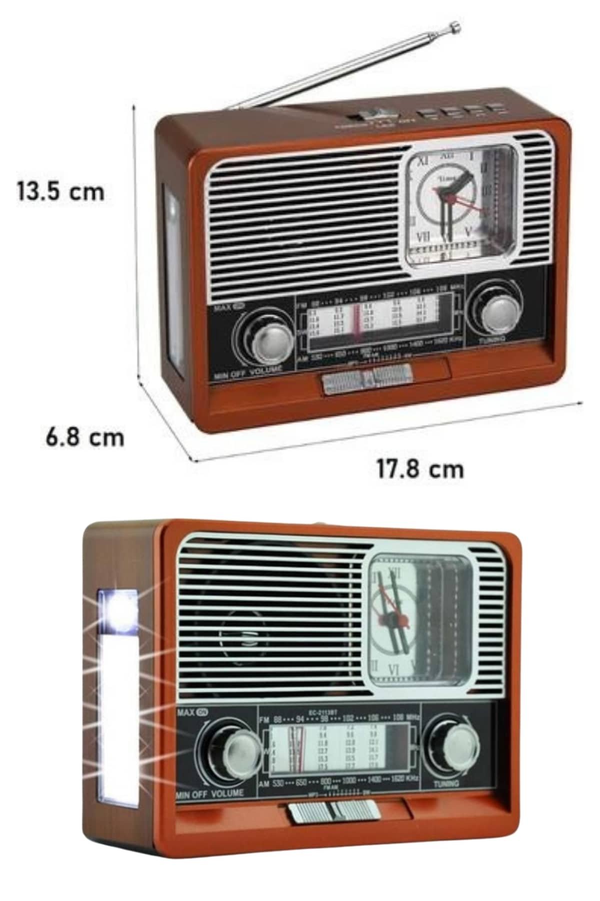 Saatli Fenerli Bluetooth Nostaljik Radyo AUX SD USB Girişli Bluetooth Hoparlör - Görsel 4