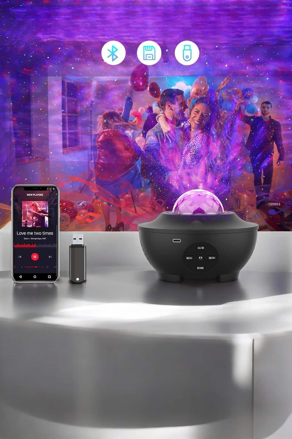 Çocuklara Özel Şarjlı Bluetooth Hoparlör Parti Led Lambası Yıldızlı Projeksiyon - Görsel 5