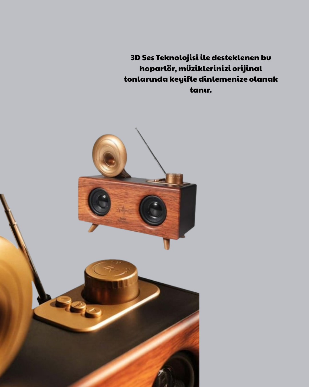 Çift Hoparlörlü Bluetooth Gramofon Speaker – FM Radyo USB SD Kart ve AUX Girişli - Görsel 4