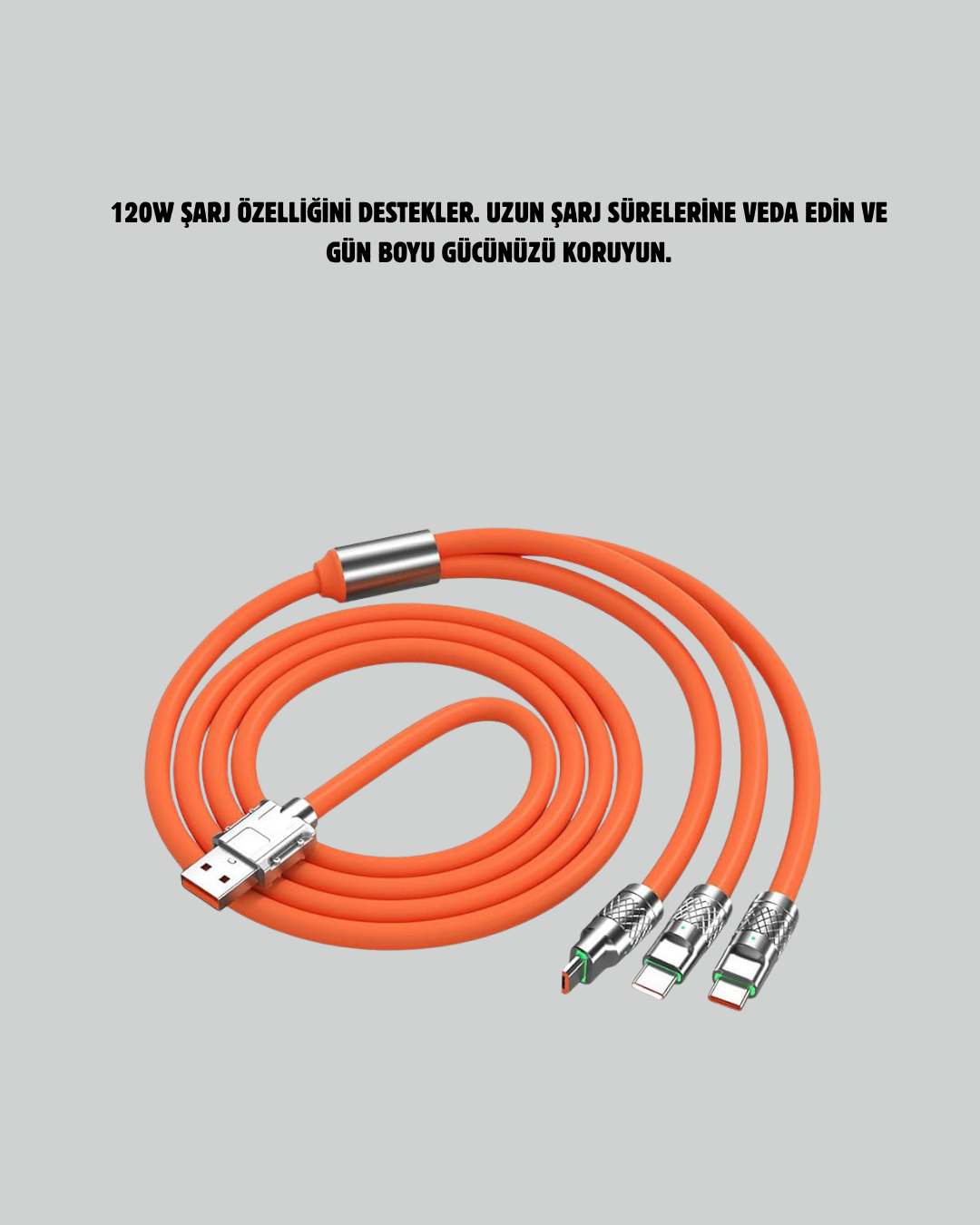120 W Şarj ve Veri Aktarımı Kablo– 3 Başlıklı Çok Amaçlı Kablo Yüksek Hızlı - Görsel 2