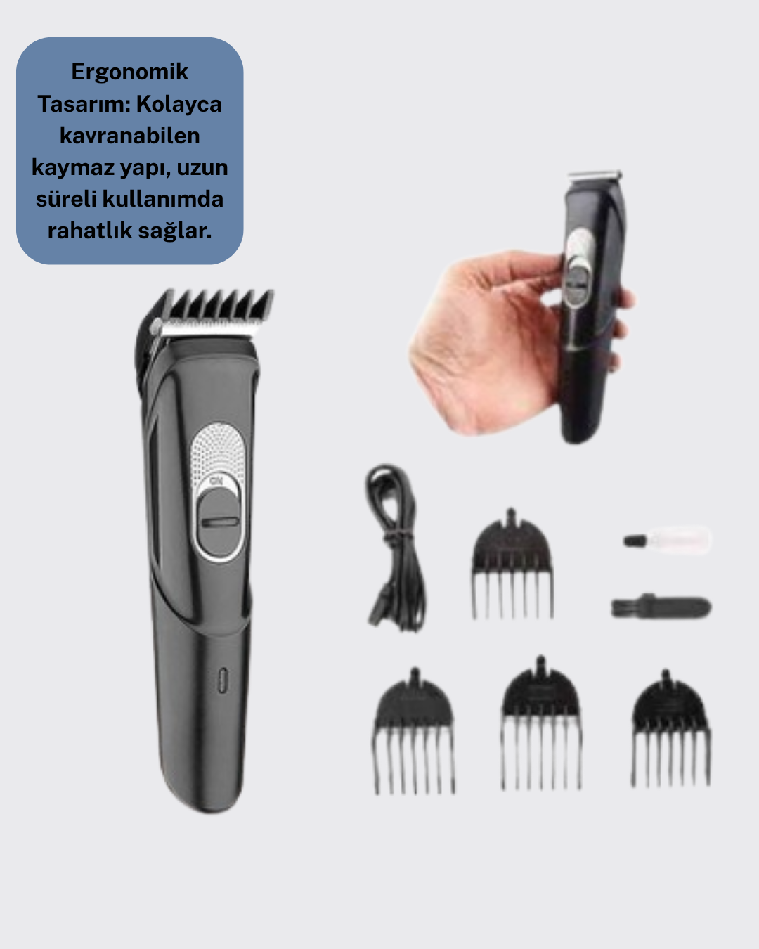 Taşınabilir Şarjlı Saç Sakal Tıraş Makinesi – 3 Taraklı Sessiz ve Ergonomik - Görsel 3