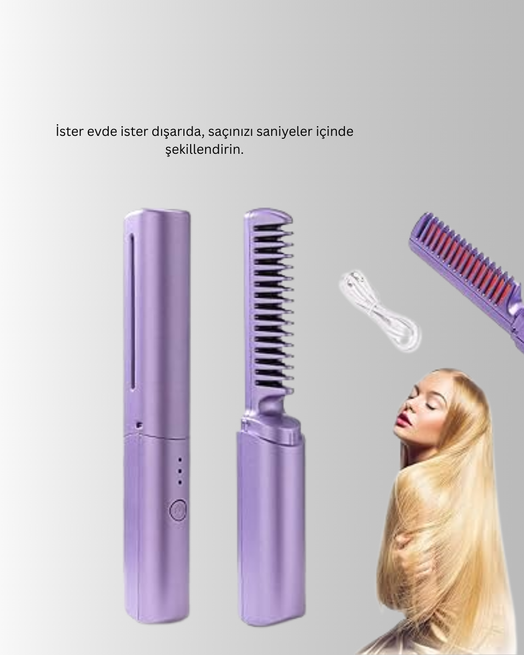 Kablosuz USB Şarjlı Saç Düzleştirici Tarak – Seyahat Boy - Görsel 2