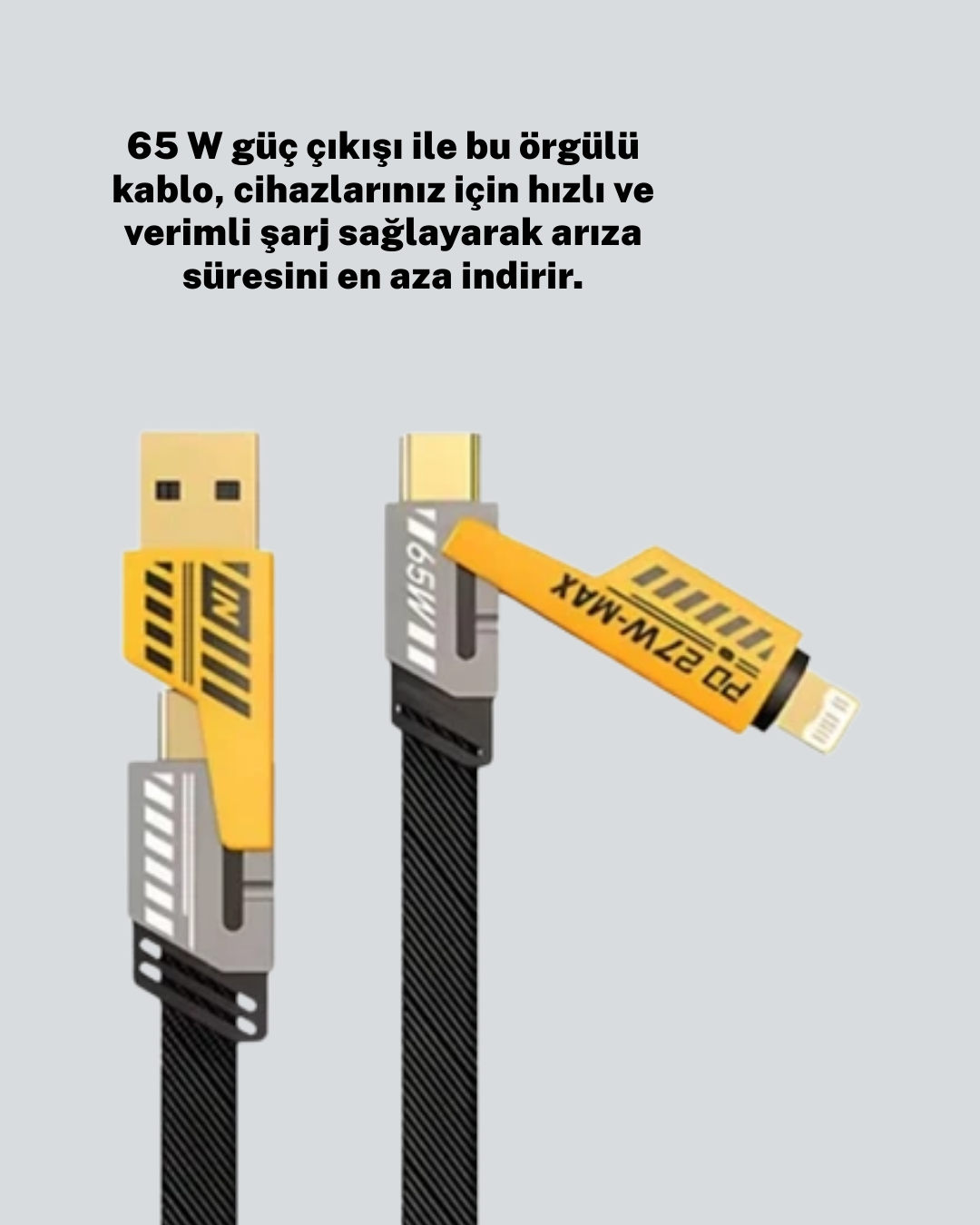 Hızlı Şarj Destekli 65W Örgülü USB-C ve USB-A Çoklu Şarj Kablosu - Görsel 3