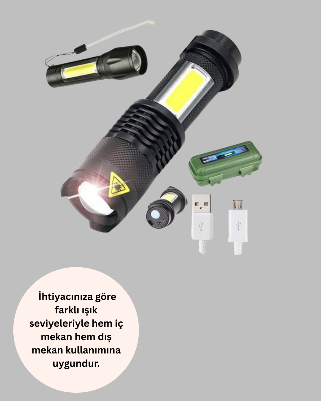 Şarjlı Mini LED El Feneri 2000 Lümen Su Geçirmez - Görsel 3