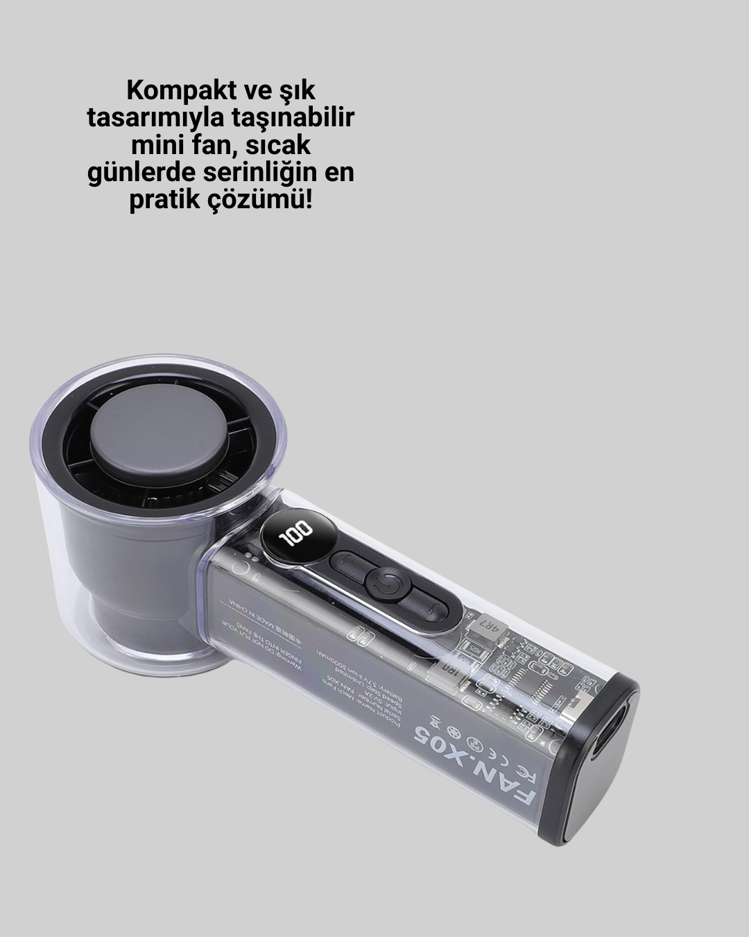 Dijital Ekranlı Şarjlı Mini Fan 100 Kademeli Hız Ayarı - Görsel 5