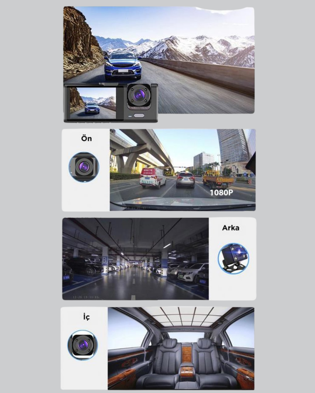 Üç Kameralı Araç Kamerası Full HD Gece Görüş G-Sensör - Görsel 5