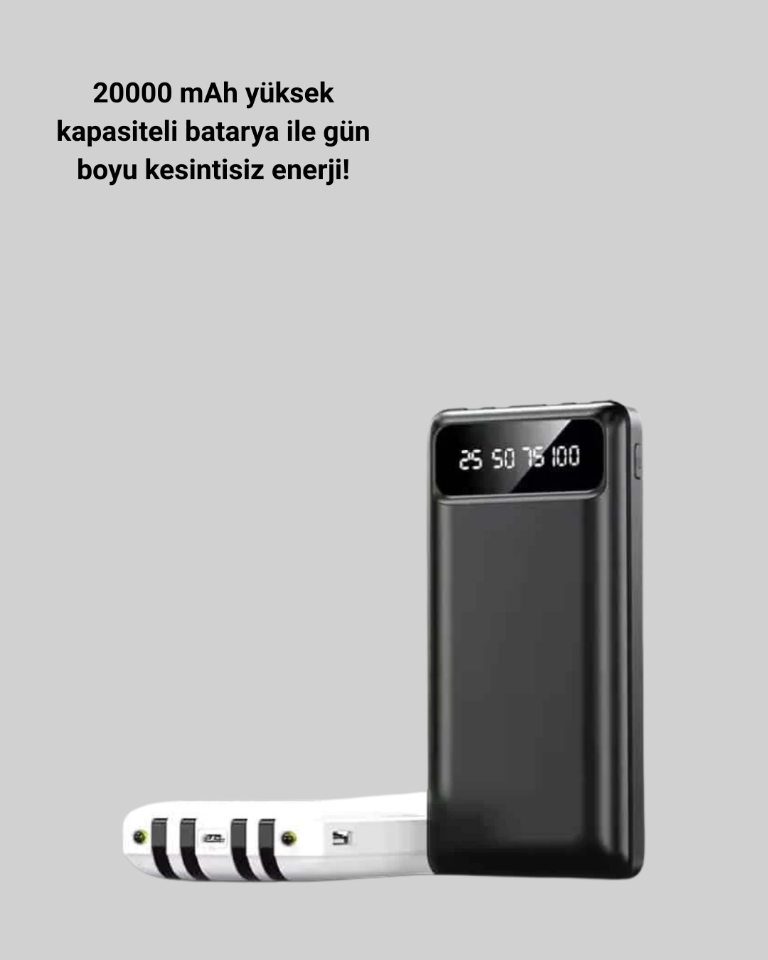 LED Işıklı 20.000mAh Powerbank LCD Gösterge Dahili Çoklu Kablo - Görsel 3
