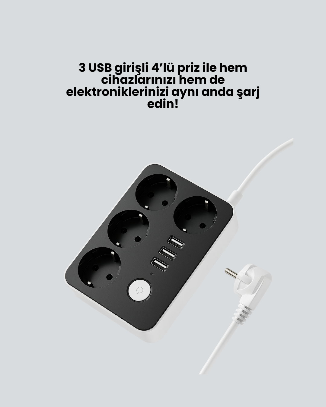 7 Cihazı Aynı Anda Destekleyen 3 USB Portlu 4’lü Priz - Görsel 2