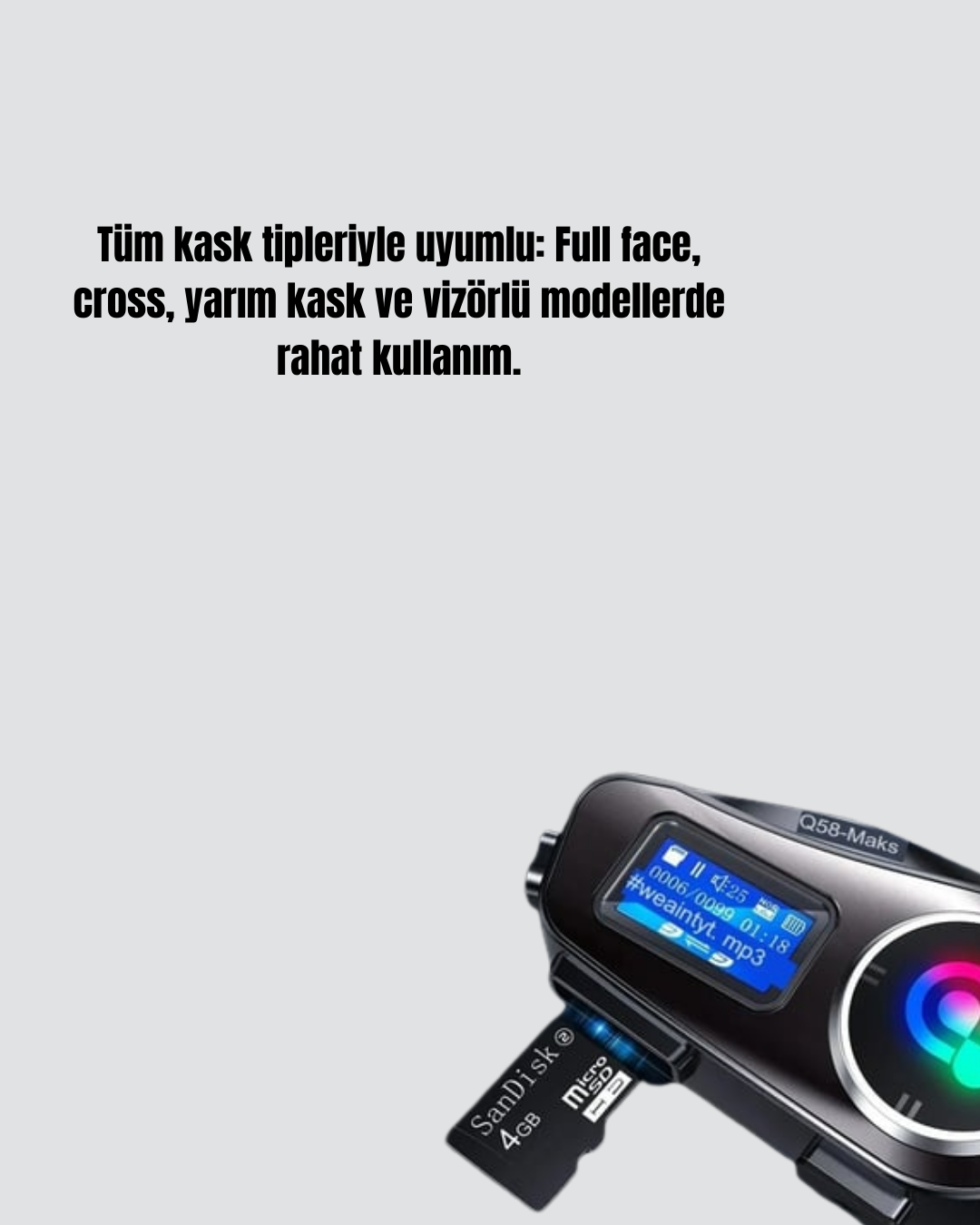 LCD Ekranlı Bluetooth Kask Kulaklığı FM Radyo ve SD Kart Girişli - Görsel 2