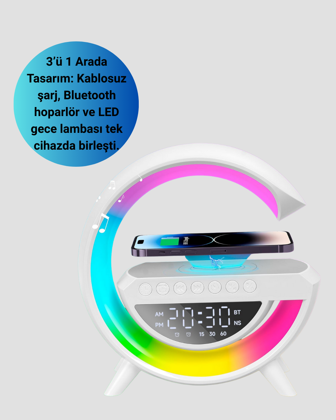 15W Hızlı Şarj Destekli LED Atmosfer Işığı ve Alarm Fonksiyonlu Lamba - Görsel 3
