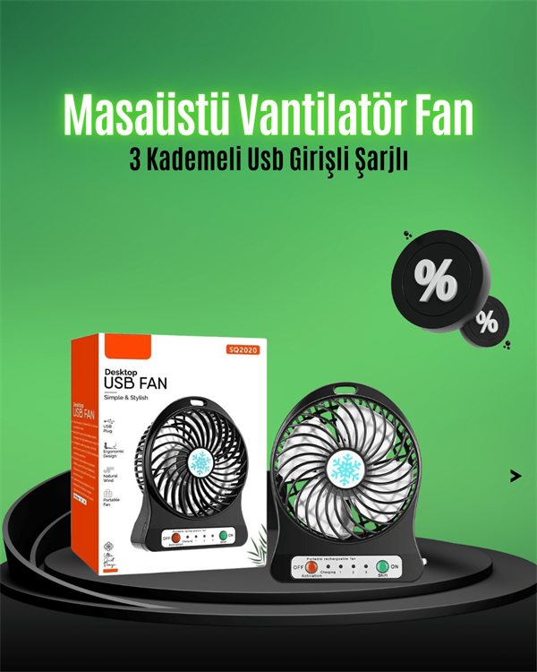 Mini USB Fan – Şarj Edilebilir Işıklı 3 Kademe Taşınabilir Masaüstü Vantilatör - Görsel 2