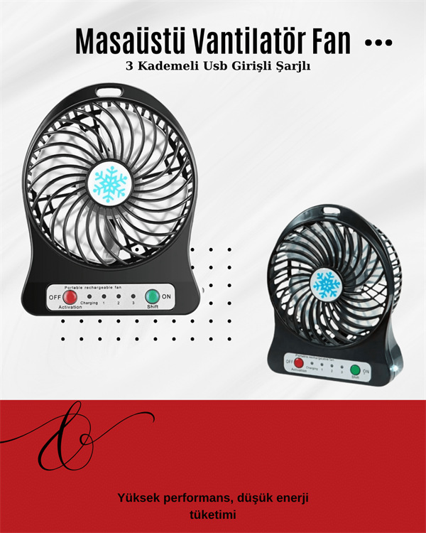 USB Girişli Taşınabilir Masaüstü Mini Fan – 3 Kademeli Hız Şarjlı Işıklı Sessiz Çalışma - Görsel 2