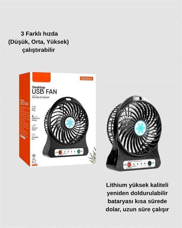 USB Girişli Taşınabilir Masaüstü Mini Fan – 3 Kademeli Hız Şarjlı Işıklı Sessiz Çalışma - Görsel 3