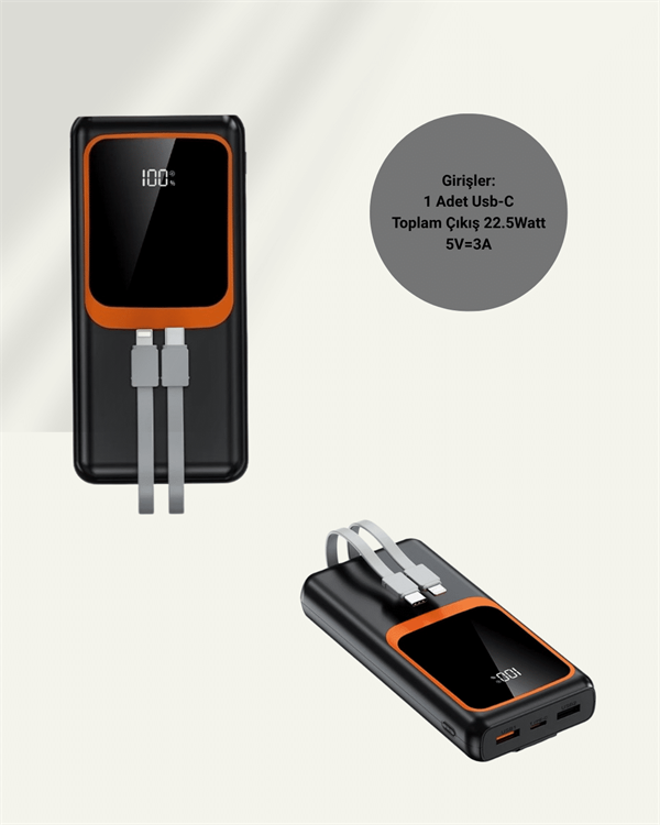 20.000 mAh Powerbank – 22.5W Hızlı Şarj Çok Kablolu Dijital Göstergeli - Görsel 5