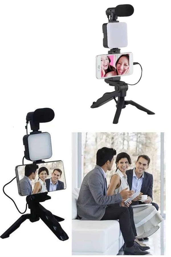 Telefon Tutucu Led Işıklı Kumandalı Mikrofon Telefon Vlog Video Kayıt - Görsel 3