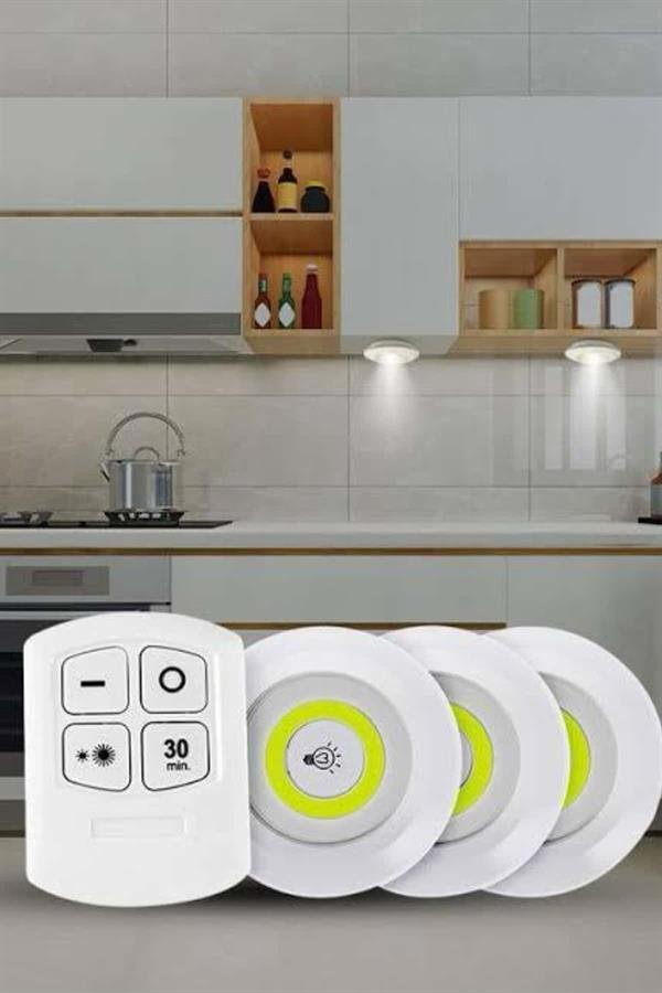 Yapışkanlı 3'lü Spot Led Işık Lamba Montajsız Pilli Uzaktan Kumandalı - Görsel 3