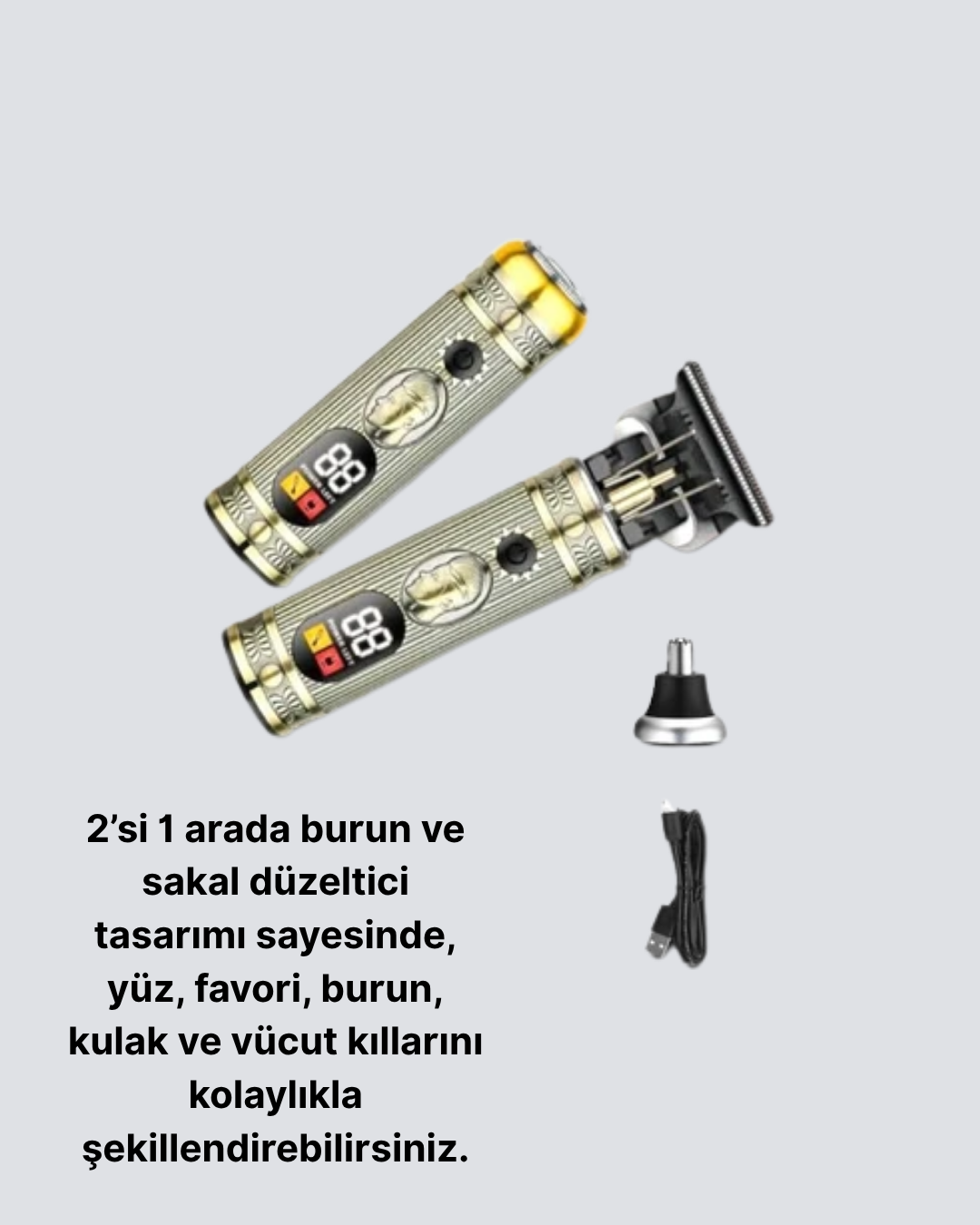 T Bıçaklı Profesyonel Saç ve Sakal Düzeltici – 8 Kılavuz Tarağı 2’si 1 Arada Burun ve Sakal Trimmer - Görsel 2