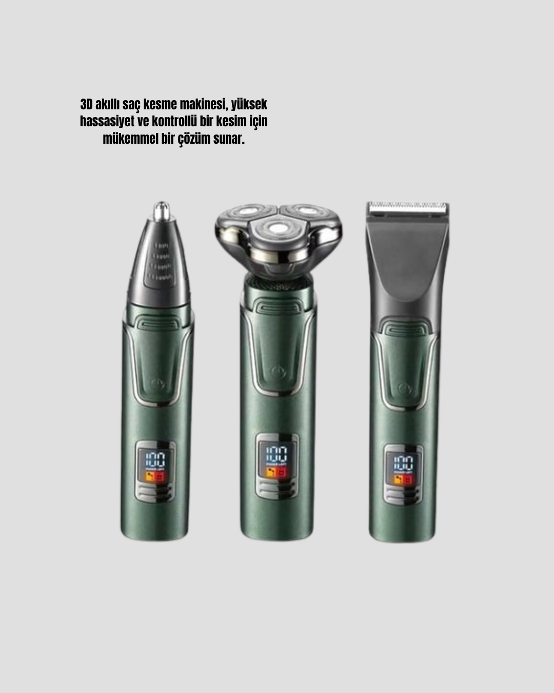 3D Akıllı Kesim Teknolojili Şarjlı Tıraş Seti – 3 Başlıklı Paslanmaz Çelik Bıçaklı - Görsel 5