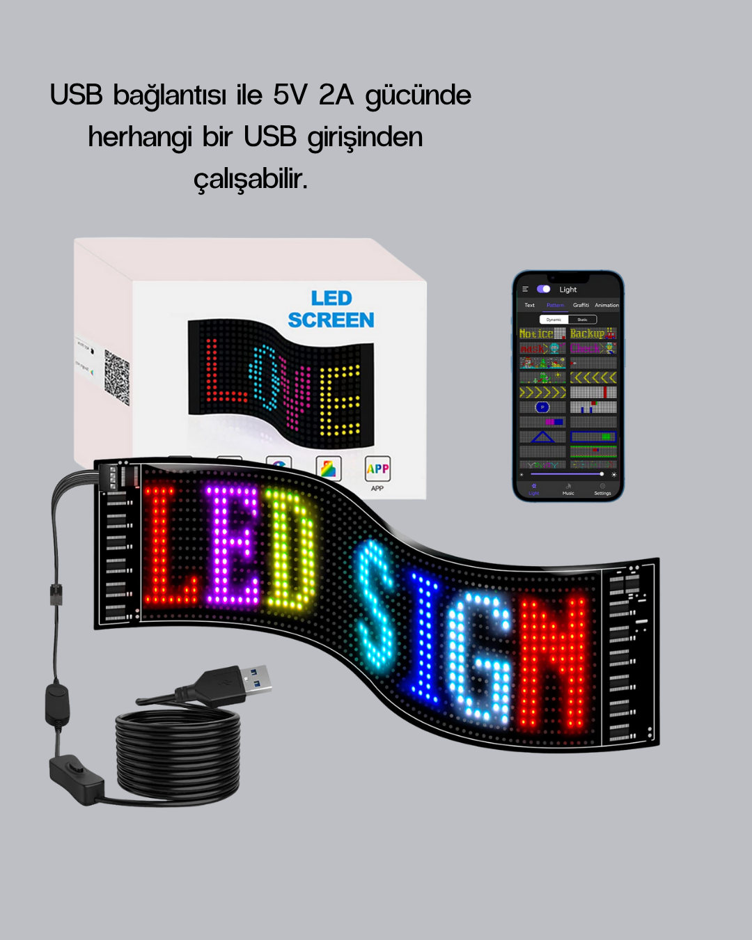 RGB LED Panel – Mobil Uyumlu Yazı ve GIF Destekli USB Bağlantılı Dekoratif Ekran - Görsel 3