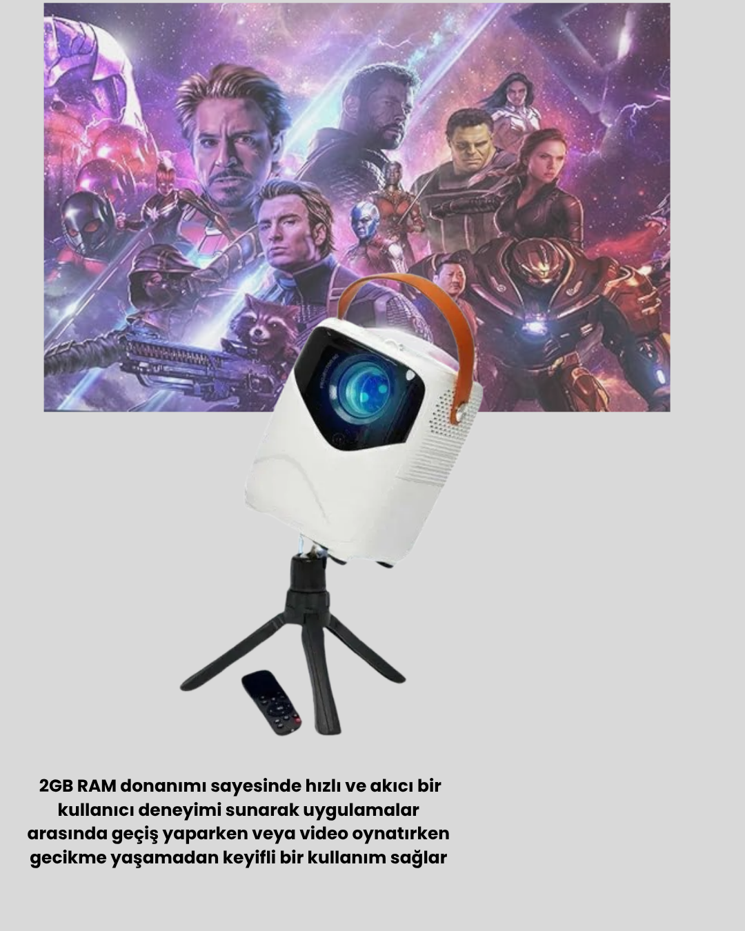Mini Akıllı Projektör – 1080P Full HD 64GB Depolama 2GB RAM Uzaktan Kumanda Destekli - Görsel 3