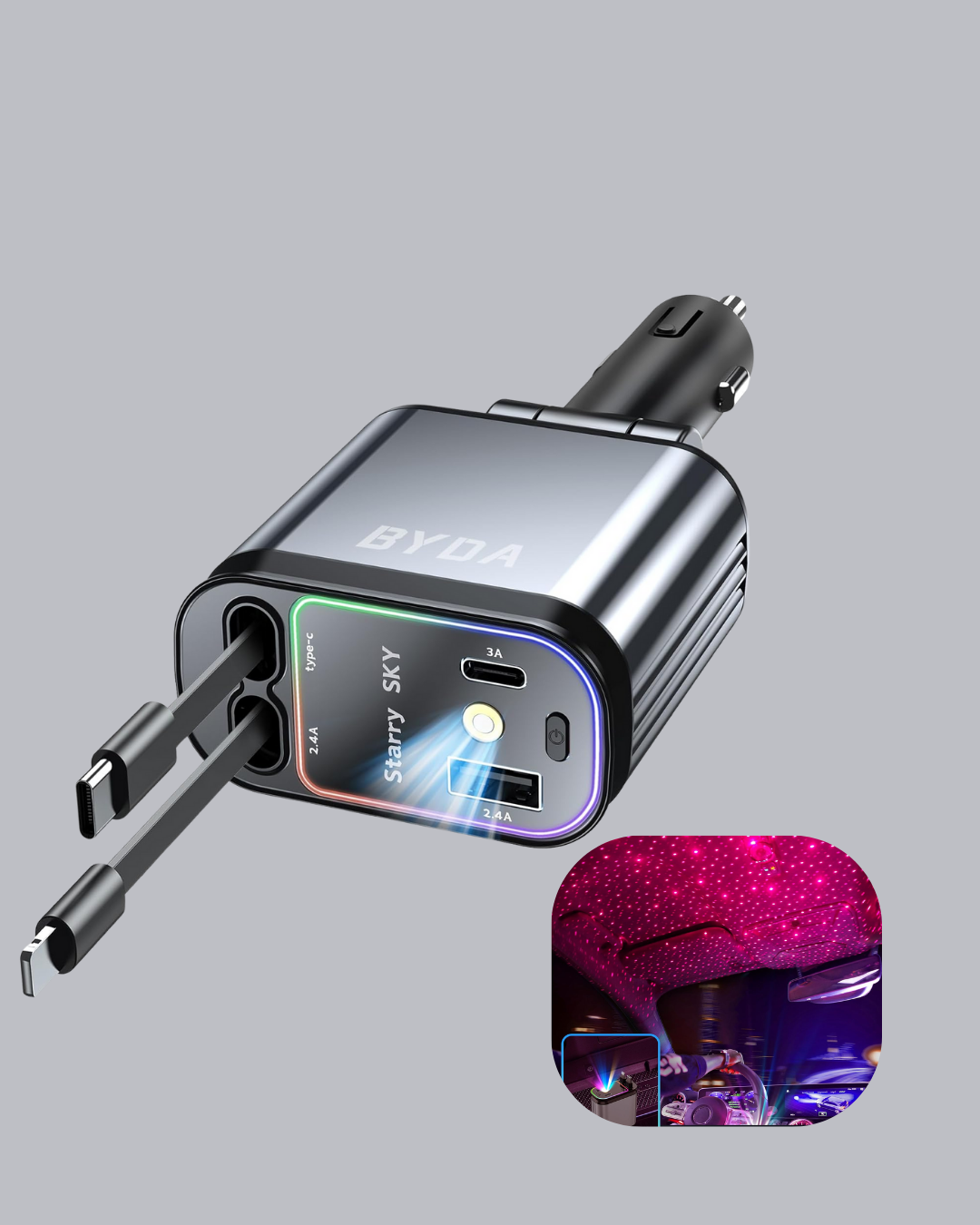 Araç Şarj Cihazı 4 Portlu 66W Hızlı Şarjlı LED Işıklı ve 180° Dönebilir - Görsel 4