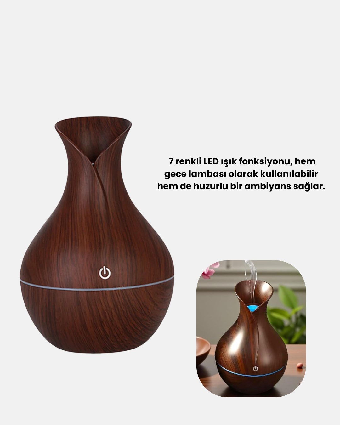 Aromaterapi Difüzör Ahşap Desenli ve Ultrasonik Nemlendirici LED Işıklı - Görsel 5