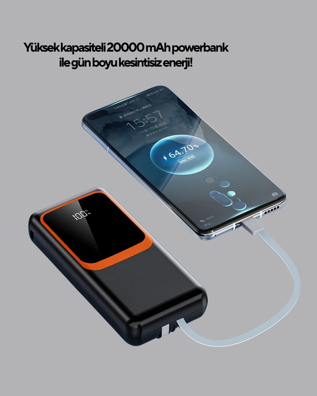 Powerbank 20000 mAh Dijital Ekranlı ve Çok Kablolu Hızlı Şarj Cihazı - Görsel 5