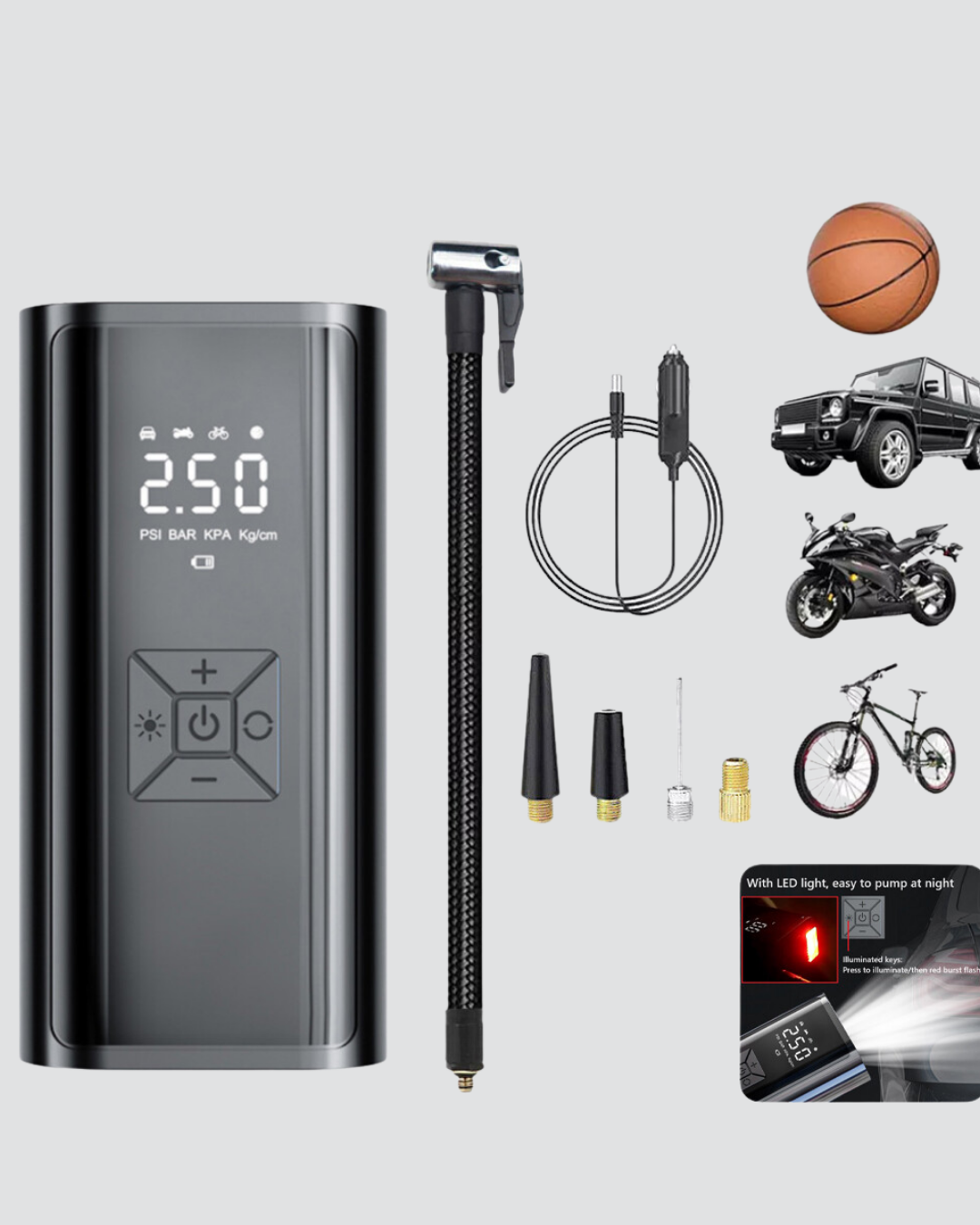 Dijital Ekranlı Kablosuz Hava Pompası LED Işıklı 12V 80W - Görsel 3