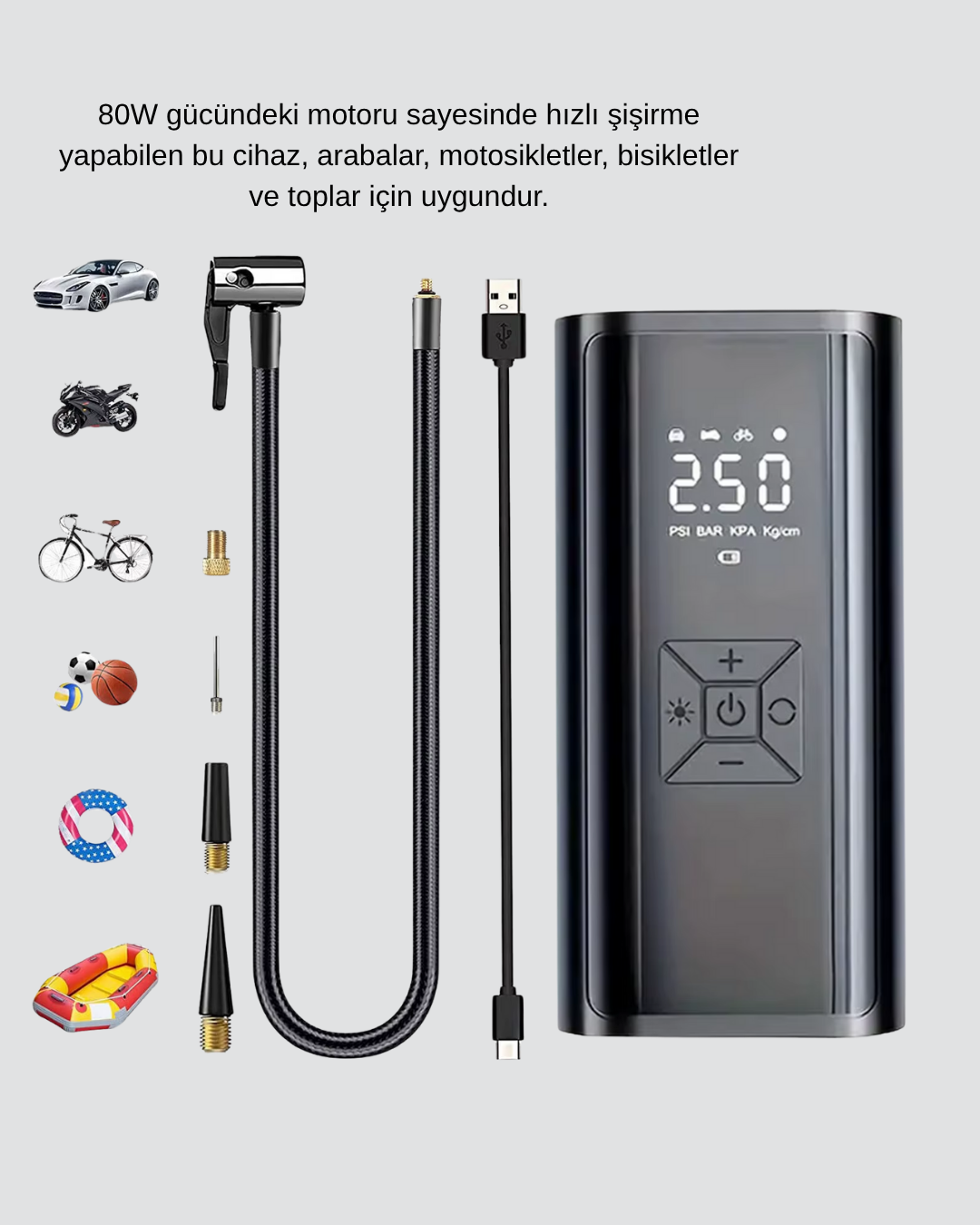 Dijital Ekranlı Kablosuz Hava Pompası LED Işıklı 12V 80W - Görsel 4