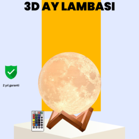 Şarjlı 3D Baskılı 16 Renk Ay Lambası Ahşap Stand ve Uzaktan Kumanda