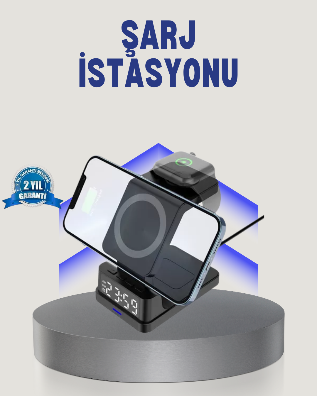 Kablosuz Şarj Cihazı ve Dijital Saat – 4’ü 1 Arada Hızlı Şarj Apple Uyumlu LED Işıklı Tasarım