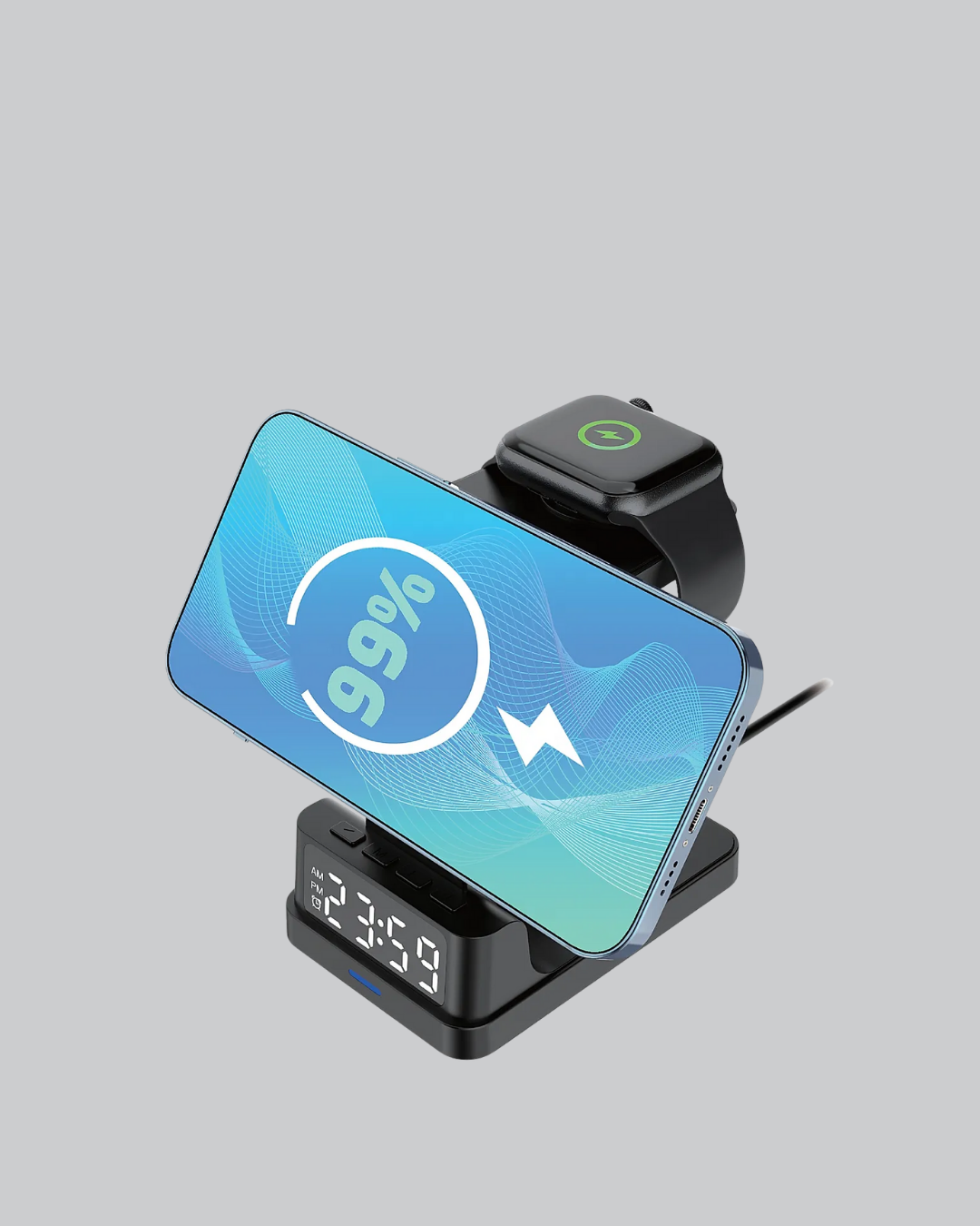 Kablosuz Şarj Cihazı ve Dijital Saat – 4’ü 1 Arada Hızlı Şarj Apple Uyumlu LED Işıklı Tasarım - Görsel 2