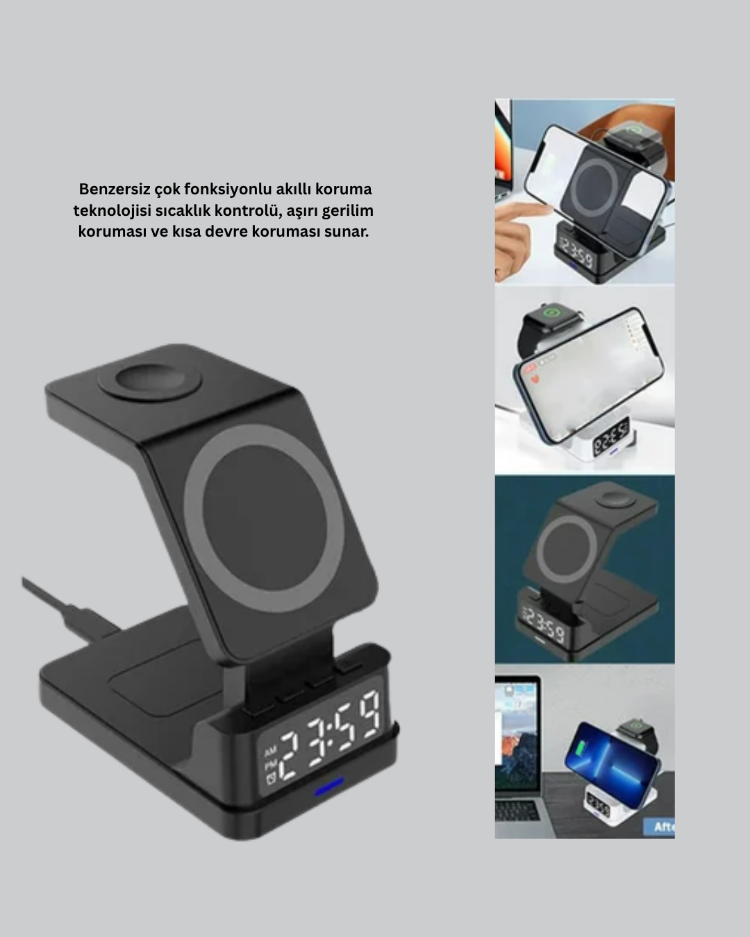 Kablosuz Şarj Cihazı ve Dijital Saat – 4’ü 1 Arada Hızlı Şarj Apple Uyumlu LED Işıklı Tasarım - Görsel 4