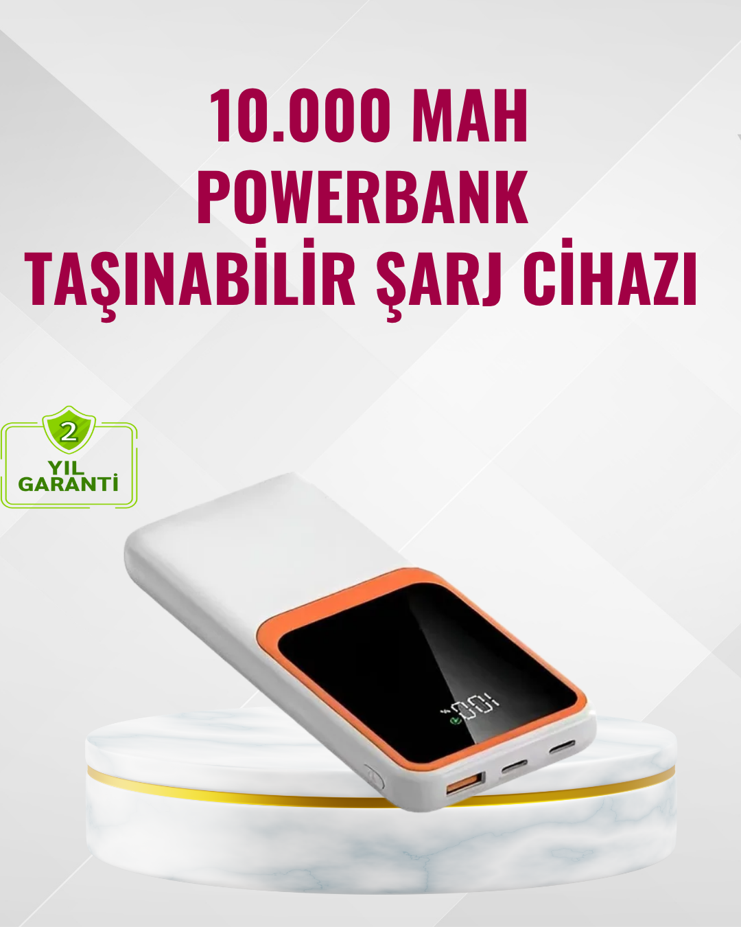 Powerbank 10000 mAh – Çift USB Çıkışlı Type-C Girişli Şık Beyaz Tasarım