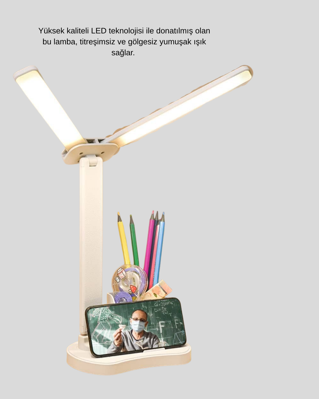 Kalemlik ve Telefon Standlı Masa Lambası – Kısılabilir LED Işık Göz Dostu Tasarım - Görsel 4