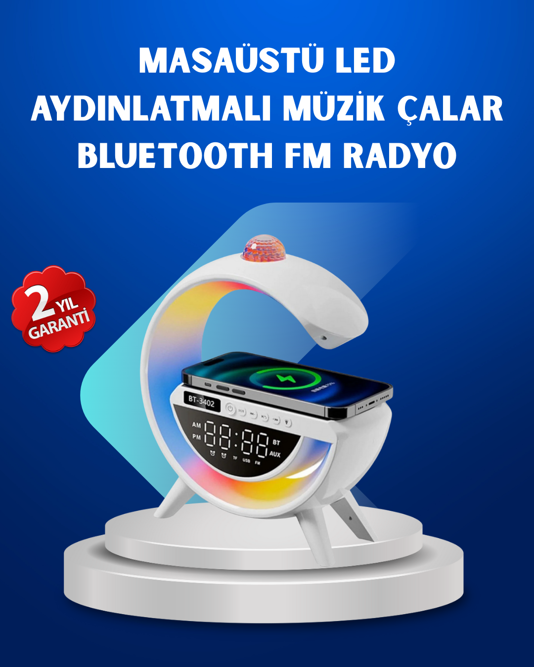 Kablosuz Şarjlı Dijital Saat RGB Işıklı Bluetooth Hoparlör Çok Fonksiyonlu