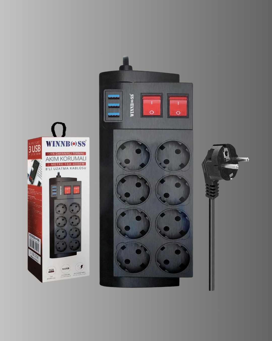 Akım Korumalı 8’li Priz 3 USB’li Uzatma Kablosu Isıya Dayanıklı 2 Metre - Görsel 5