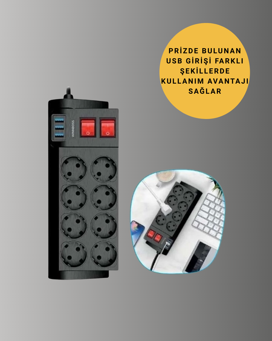 Isıya Dayanıklı Termal Akım Korumalı 8'li Priz ve 3 USB Girişli Uzatma Kablosu - Görsel 2