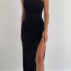 Kadın Dalgıç Krep Kumaş Tek Omuz Yırtmaç Detaylı Maxi Boy Elbise